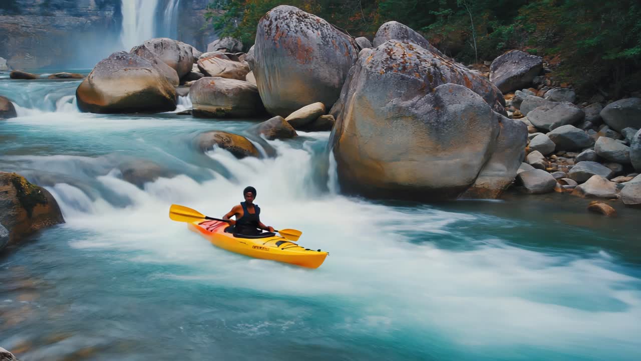 Avventura in kayak in un fiume con cascata