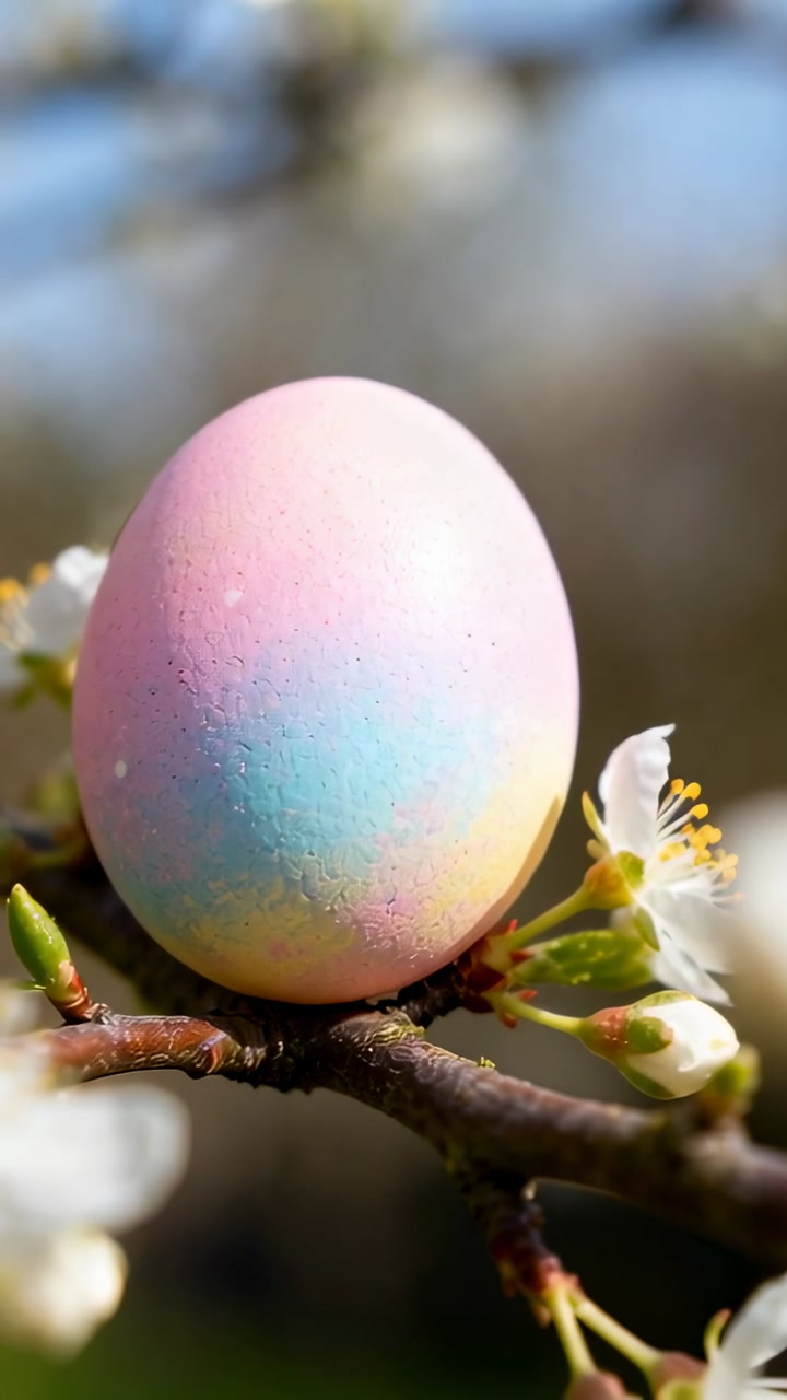 Vertical video: Shifting camera capturing pastel egg on blossoming branch to highlight speckling