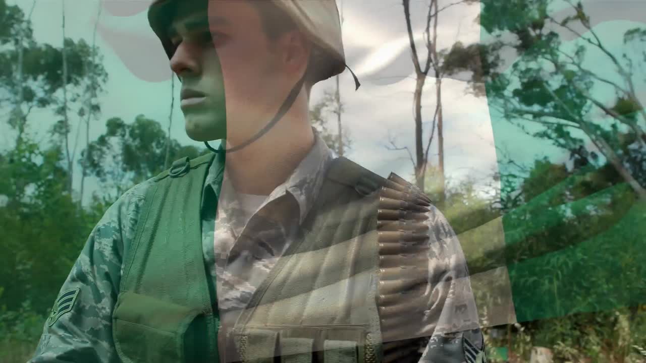 animación de un soldado con una bandera nigeriana ondeando