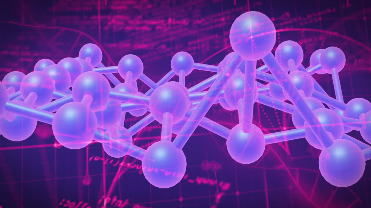 animación de estructuras moleculares y procesamiento de datos contra un fondo púrpura