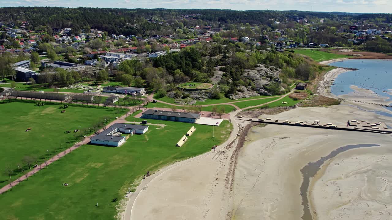 Askimsbadet beach near Gothenburg, Sweden. Shows sandy shoreline, long pier, and adjacent green parkland with buildings, paths, and rocky hillsides, with the town and coastline in the distance