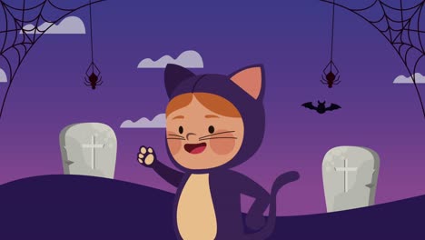 niño disfrazado de gato en el cementerio.