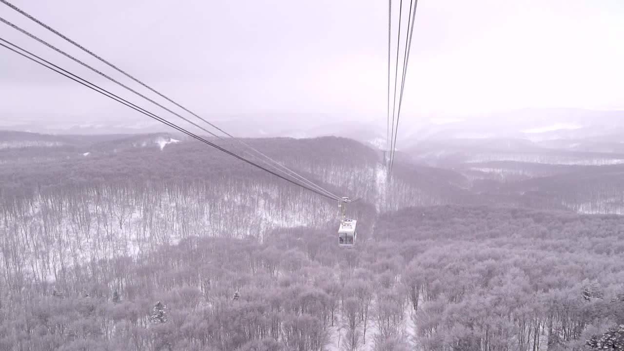 눈 덮인 케이블카와 숲이 있는 아름다운 겨울 풍경의 슬로우 모션 보기