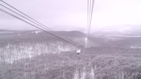 slow motion view of beautiful winter landscape with snowy cable cars and forest