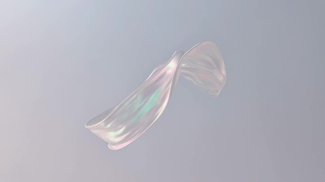 Untwisting translucent ribbon drifting over studio gradient, revealing pearlescent pink-green sheen