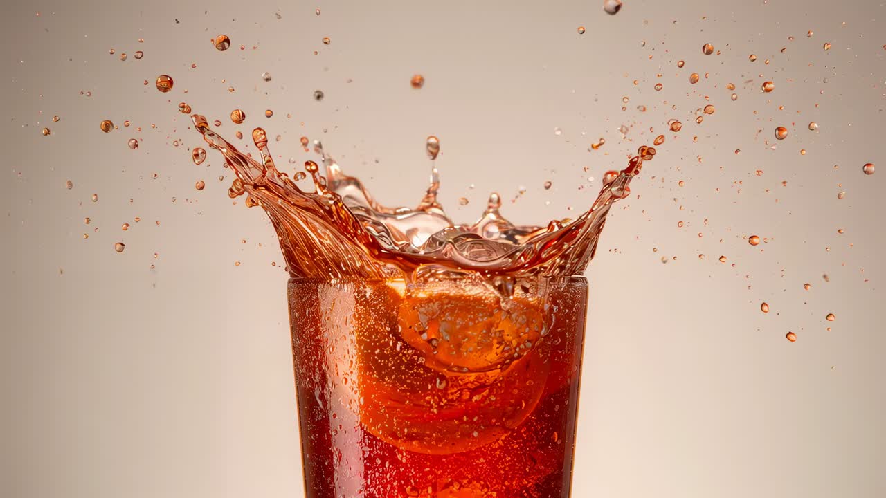 Dropping ice ball striking tall glass with red-orange drink in studio making crown splash and spray