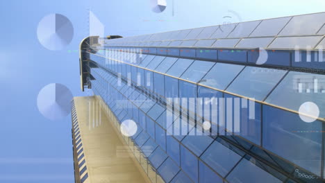animation of multiple graphs and trading board over low angle view of modern building against sky