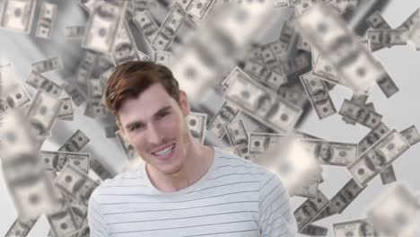 animation of american dollar bills floating over smiling caucasian man