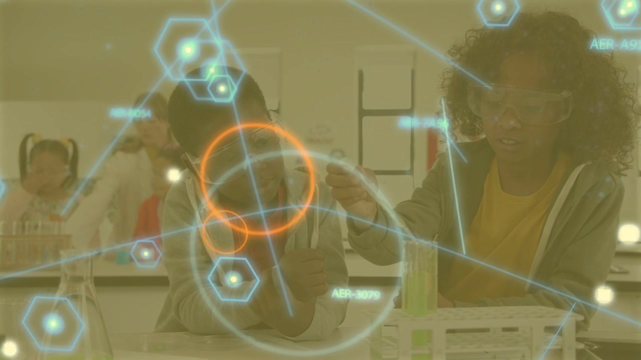 Girl picking up test tube pouring, boy leaning examining, AR overlays marking tubes for science