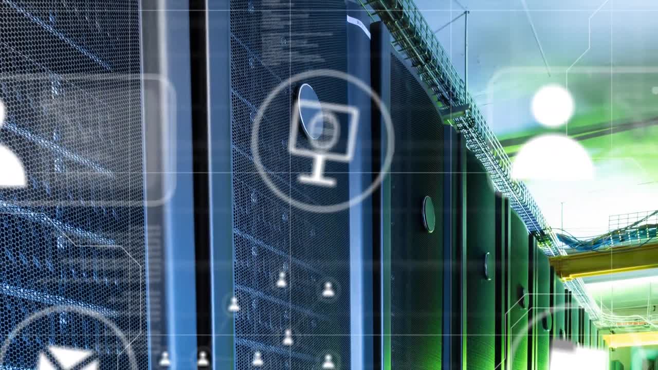 animación de iconos digitales, servidores y procesamiento de datos