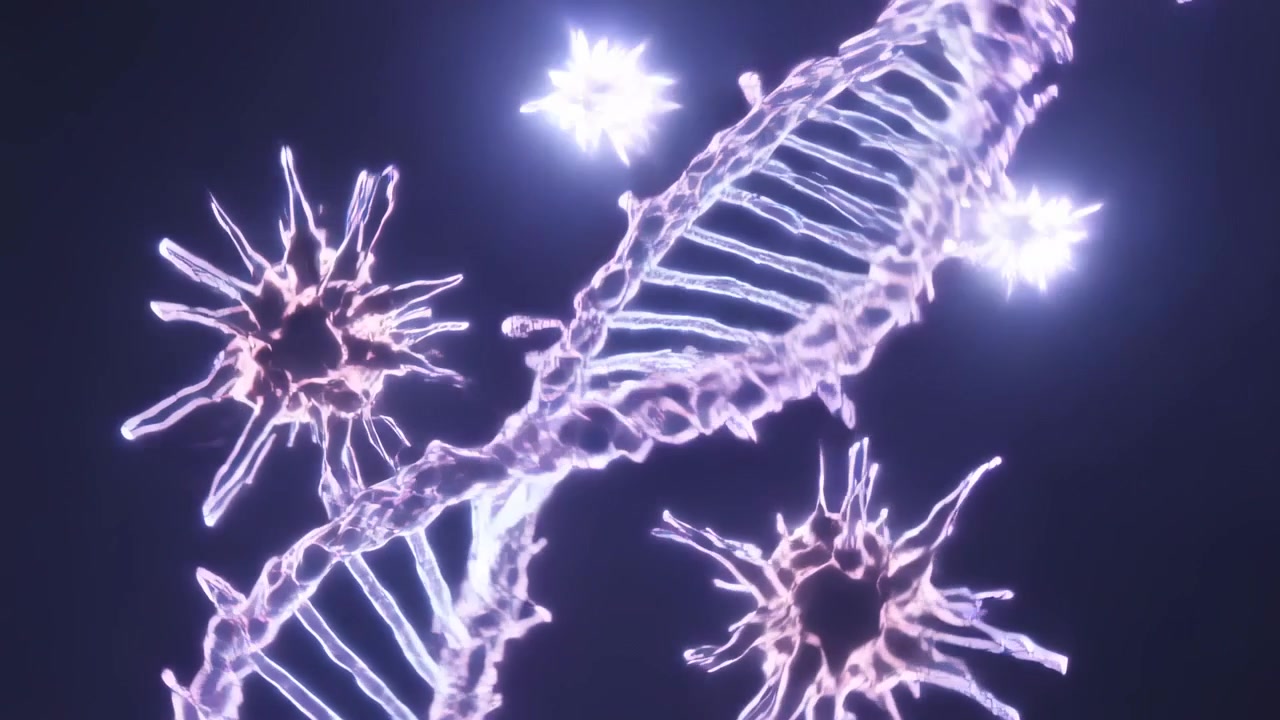 Rotating DNA helix fragmenting and drawing spikes on camera pan in dark backdrop, showing detail