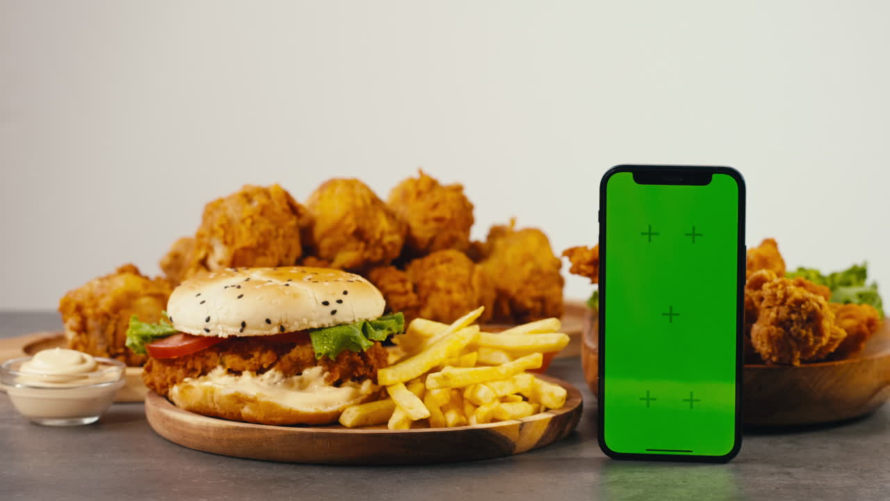 Delicious Fried Chicken and Burger Meal with Green Screen