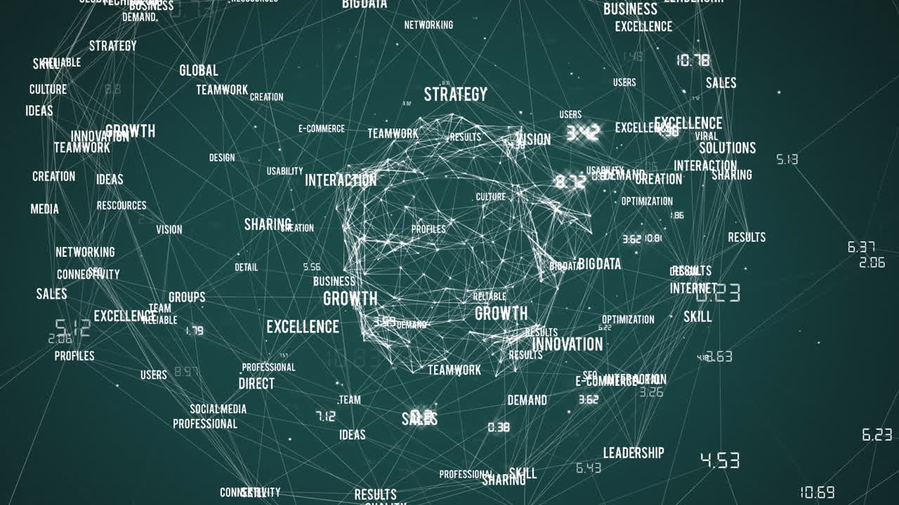 Animation of network of connections with business texts over globe