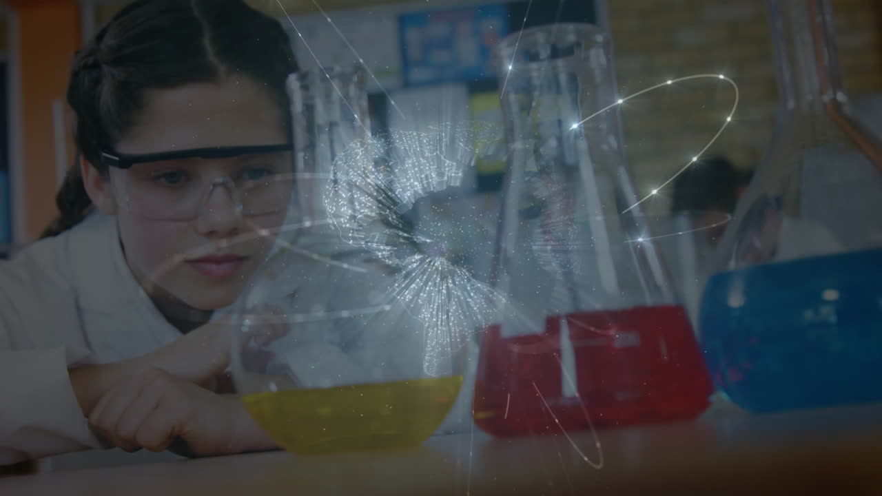 실험실에서 여학생에 대한 지구와 연결