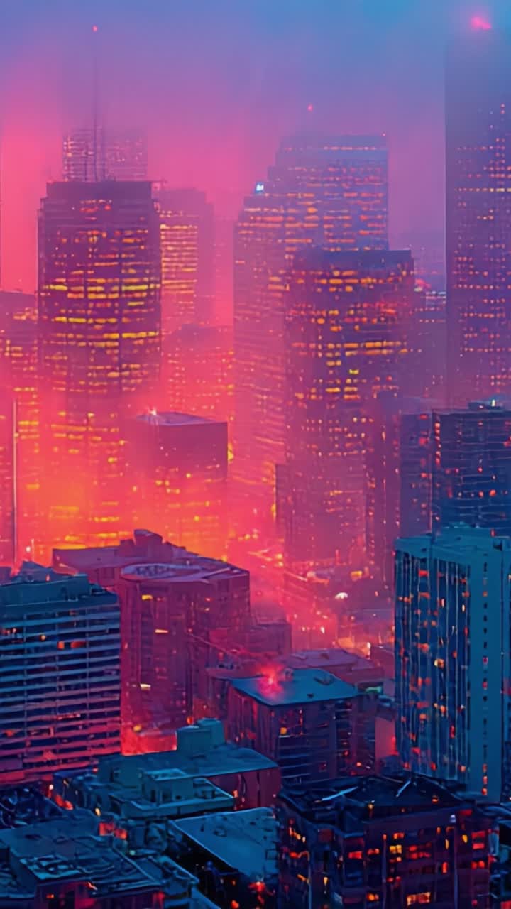 Uma paisagem urbana cativante iluminada por um brilho fascinante de luzes e tons em uma paisagem urbana onírica ao entardecer com uma atmosfera misteriosa