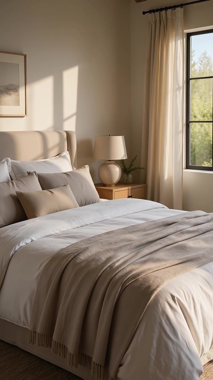 Interno di una camera da letto moderna, luminosa e accogliente, con la luce del sole che filtra dalla finestra
