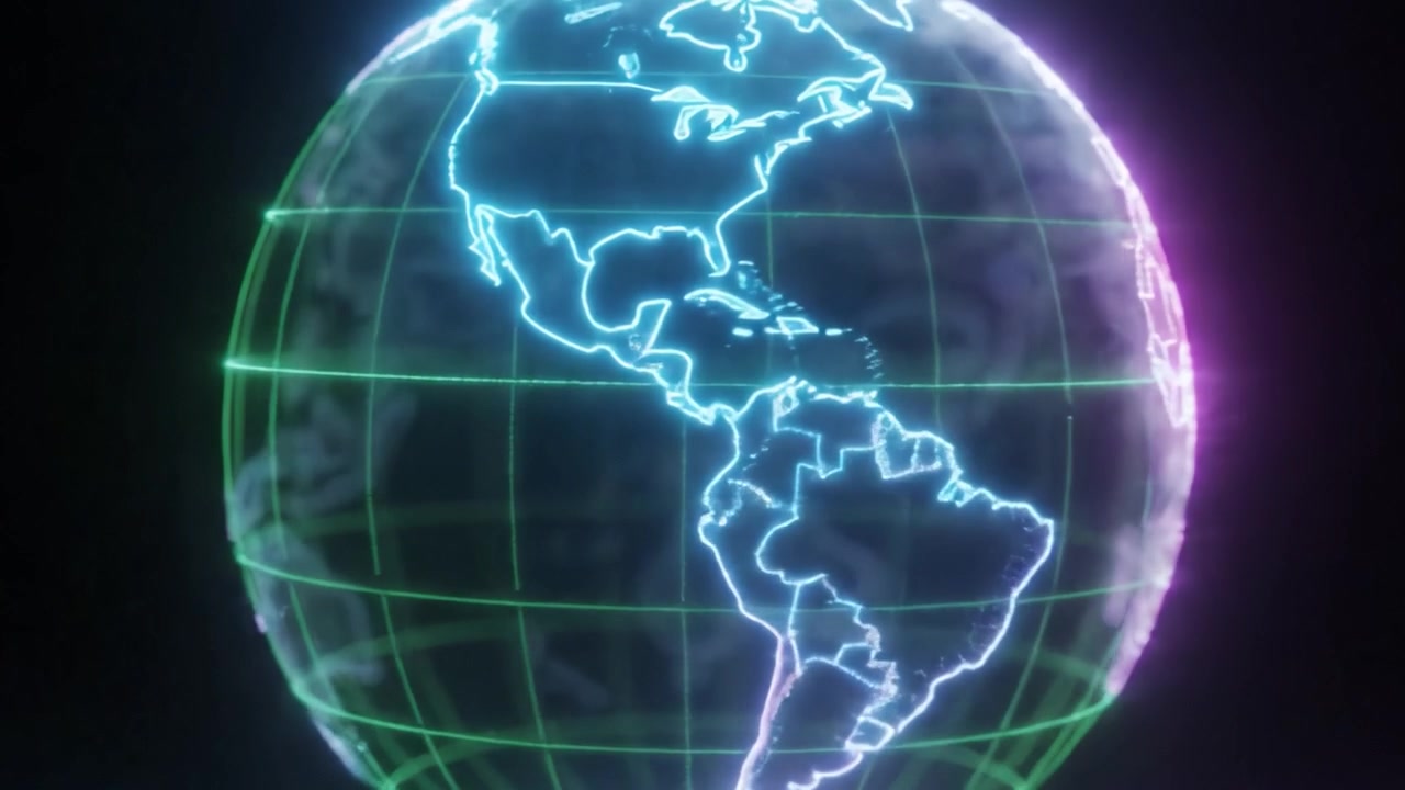 Um Vislumbre Futurista da Terra: Globo Iluminado com Linhas de Néon Exibindo Continentes e Oceanos em uma Visualização Digital Vívida