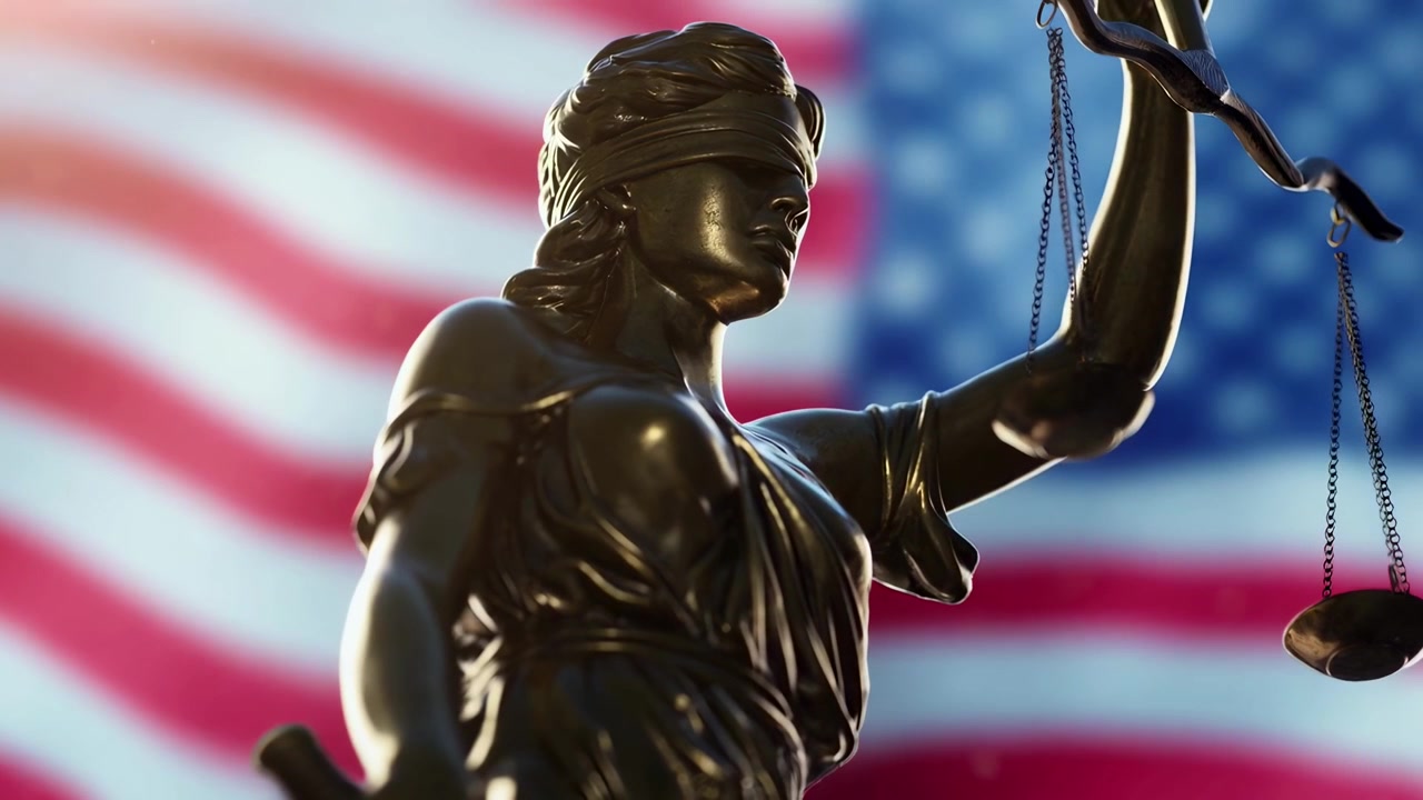 Statue of Lady Justice with American Flag Background