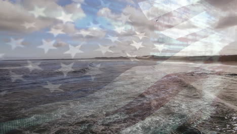 composición digital de agitarnos la bandera contra la vista aérea de las olas en el mar