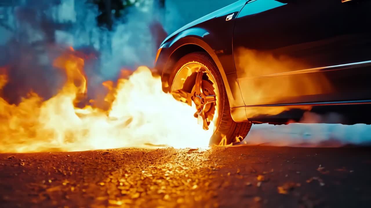 un coche en llamas al lado de la carretera