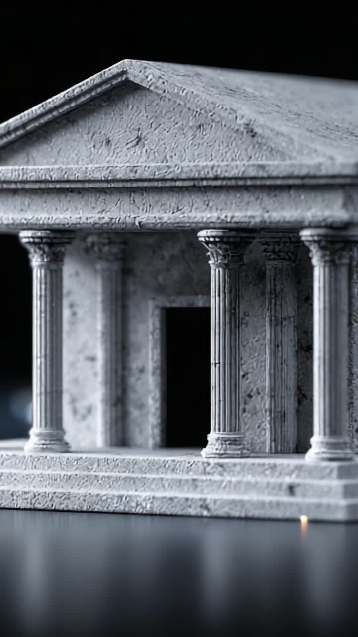 Un primo piano complesso di un modello architettonico classico che mette in mostra colonne e una facciata dettagliata con effetti di illuminazione in un ambiente poco illuminato