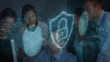 animation of fingerprints, padlock in shield over diverse coworkers discussing report on laptop