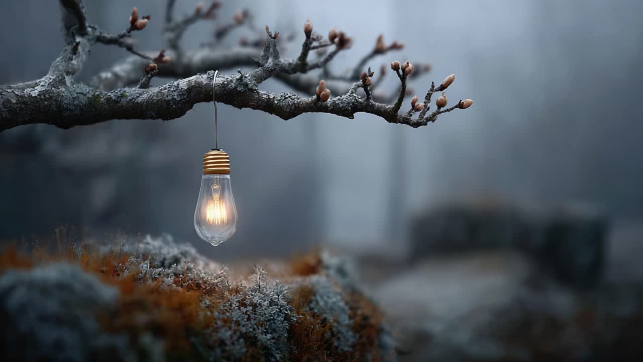 A Captivating Glow: A Magical Light Bulb Illuminating a Misty Forest Scene with Delicate Buds on a Branch, Infusing Nature with Warmth and Serenity