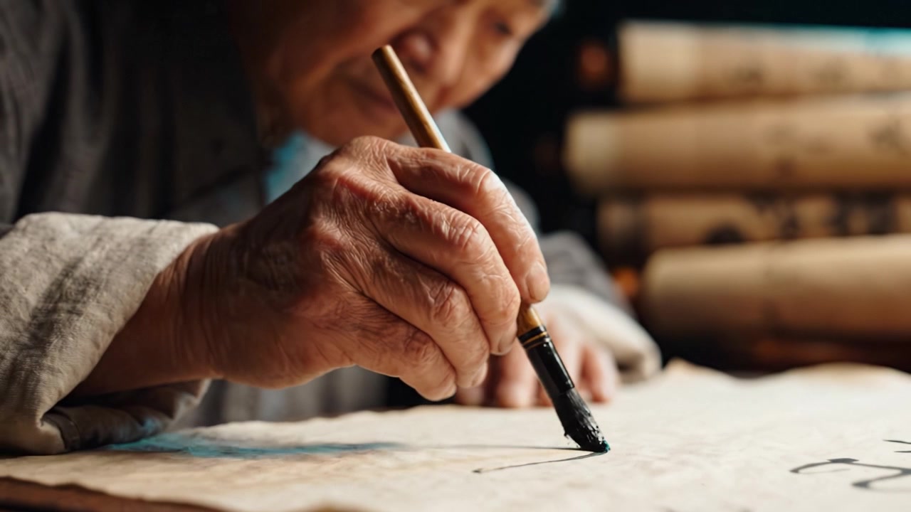 An Elderly Artisan Masterfully Engages in Traditional Calligraphy, Capturing the Essence of Cultural Heritage Through Brushstrokes on Ancient Paper Scrolls