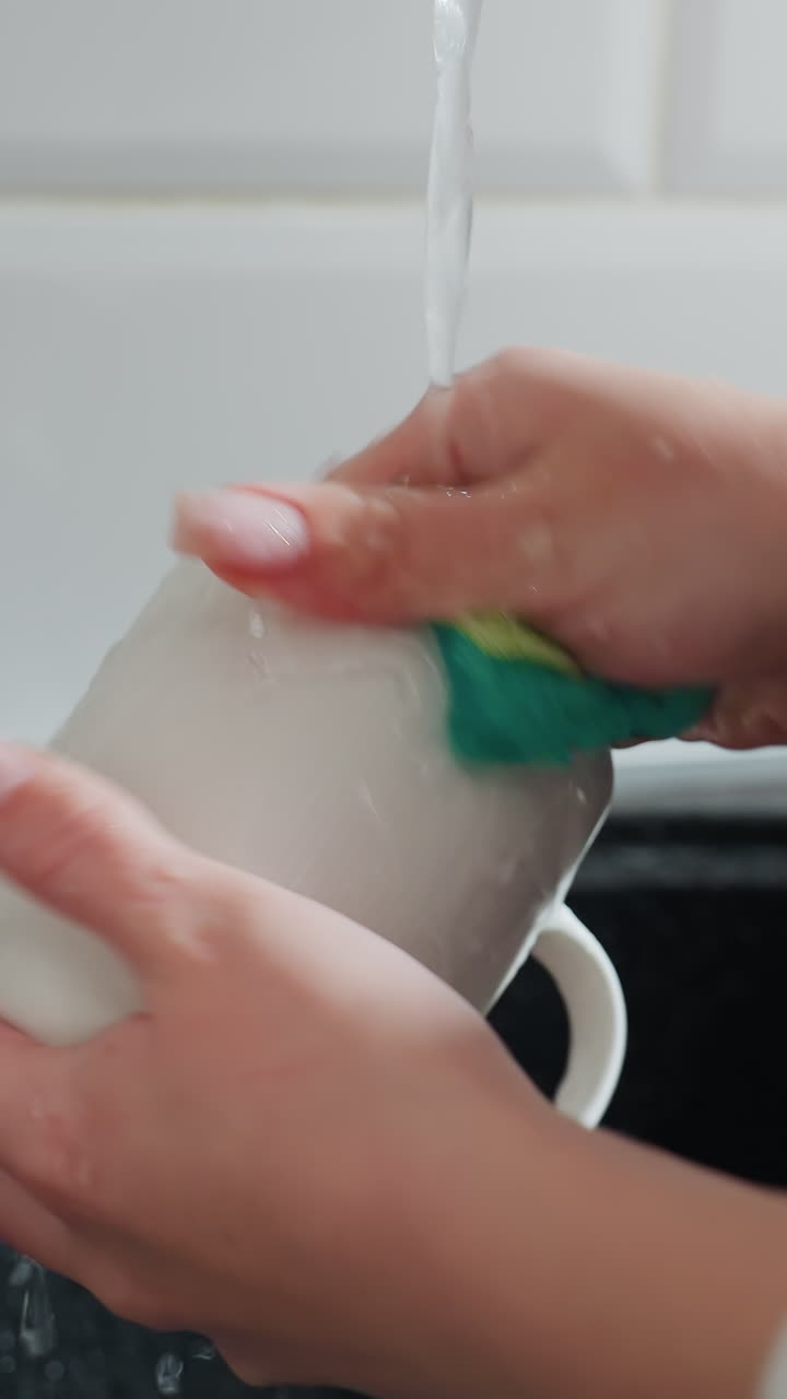 vista de la mano de una persona que lleva una cadena de muñeca taza de lavado con esponja verde bajo agua corriente, limpieza de utensilios de cocina, mantenimiento de higiene, tareas domésticas, fregadero de cocina moderno