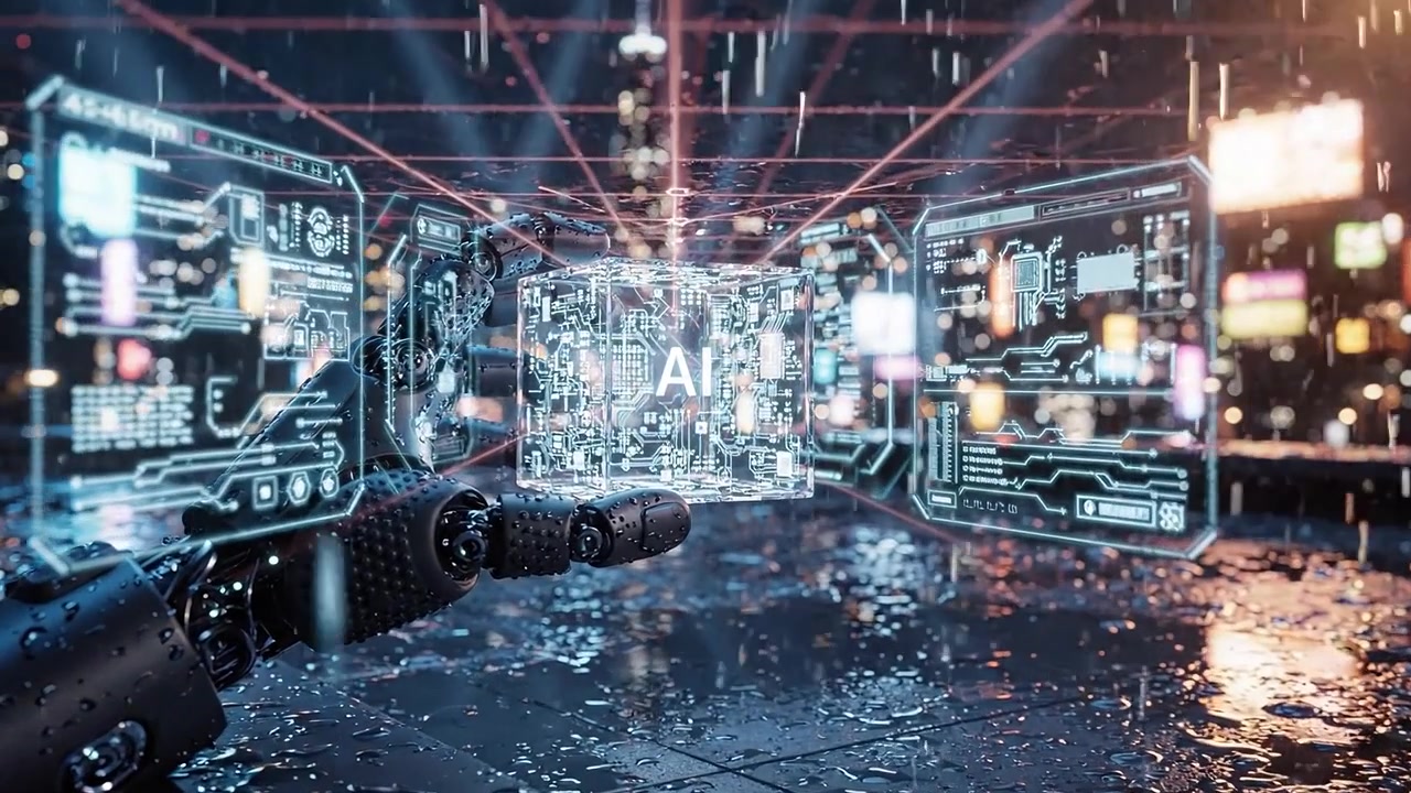 A futuristic robotic hand holds a transparent cube inscribed with 'AI' amid a rain-soaked cityscape illuminated by vibrant neon lights and digital billboards.