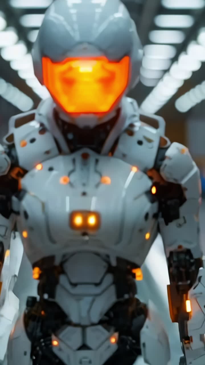 Three robots in white uniforms stand in a hallway. The robots are wearing helmets and have glowing lights on their bodies. Vertical video