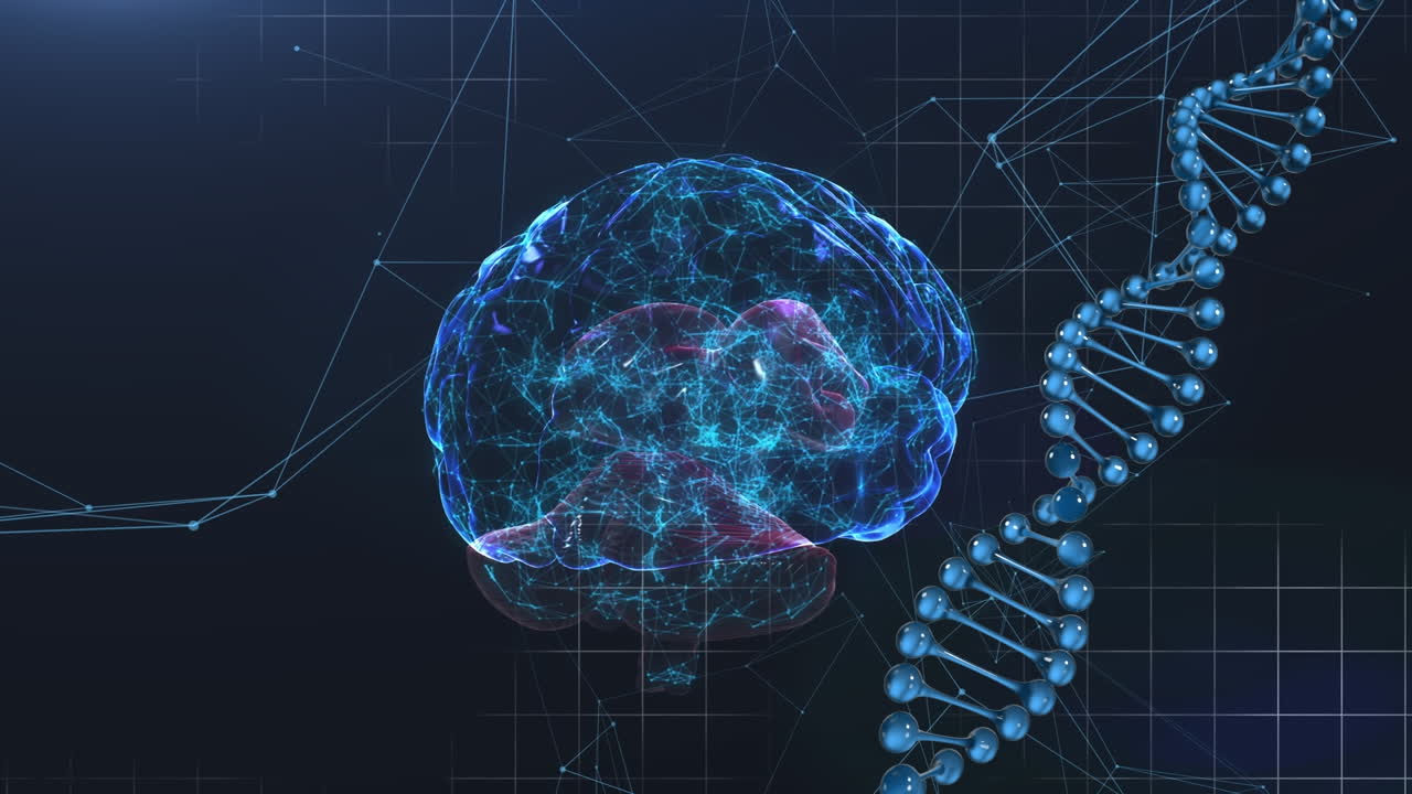 Animation of digital brain and dna strand on black background