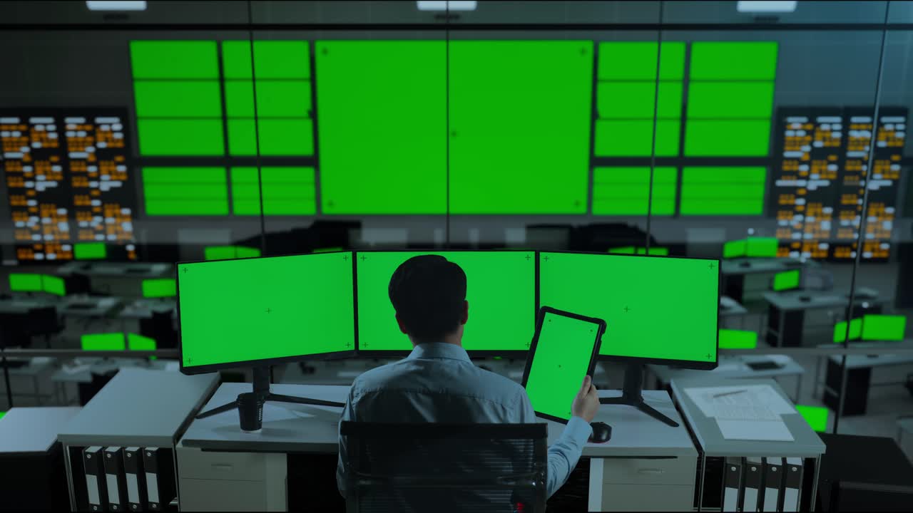 Back View Of Asian Man Working With Tablet And Multiple Computer Monitor With Mock Up Green Screen In The Office