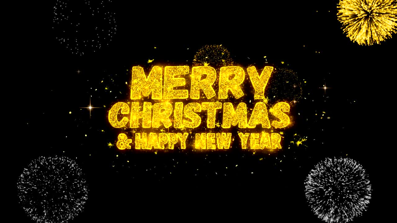 메리 크리스마스 및 새해 금 디자인 반이는 인사 박이는 입자 불꽃놀이 표시 4k 인사 카드, 축하, 초대, 달력, 선물, 이벤트, 메시지, 휴가, 소원.