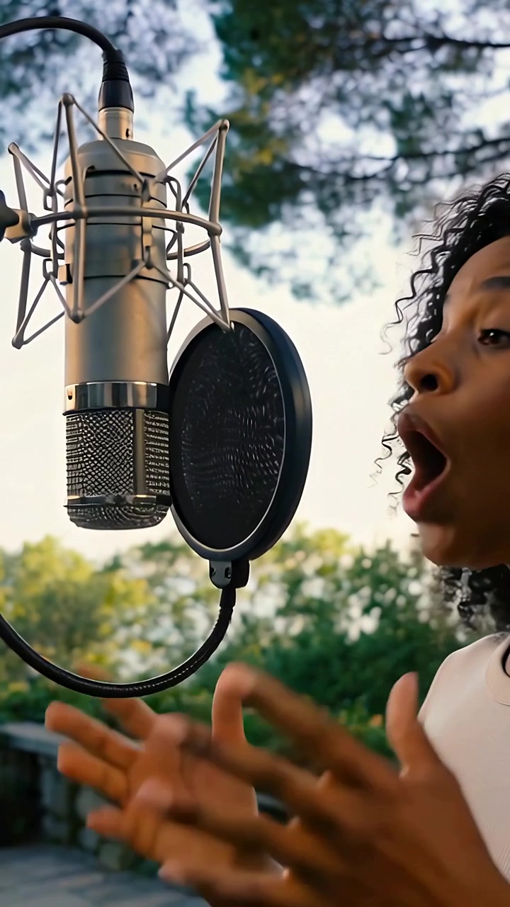 Video verticale: Entrando da destra, cantante che canta in un microfono su una terrazza per la registrazione, spazio per il testo.