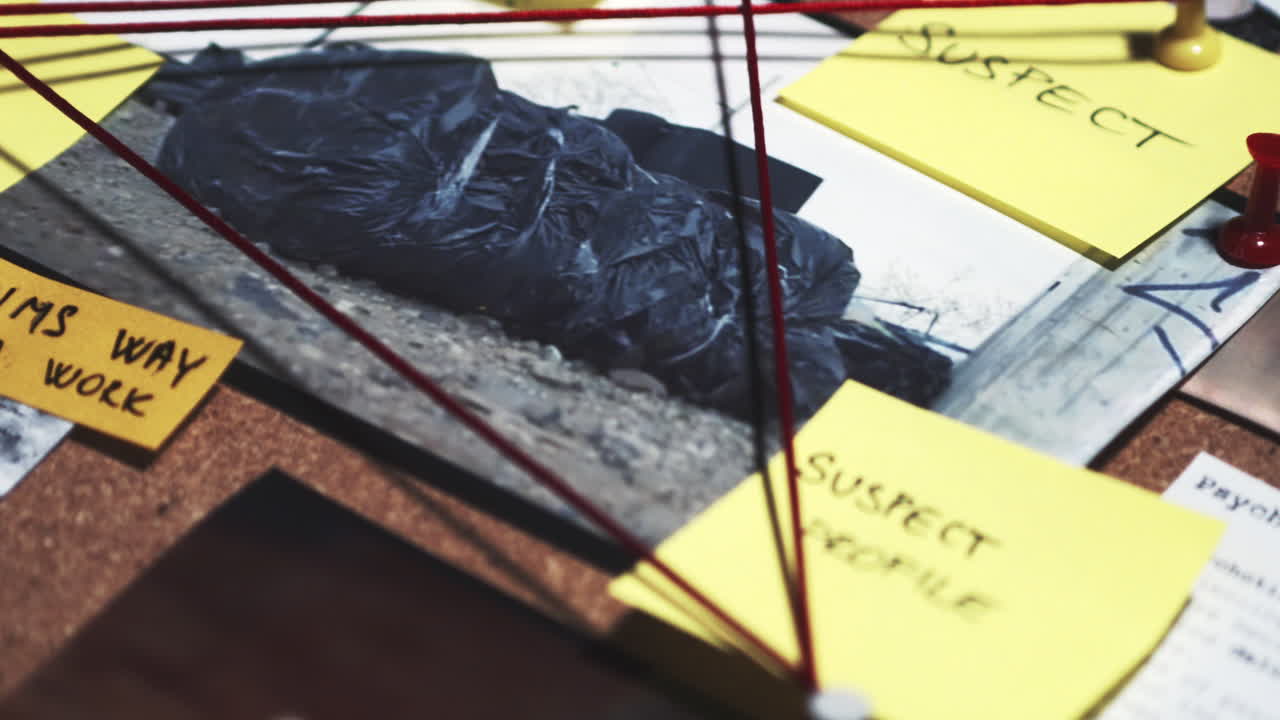 클로즈업은 천천히 탐정의 수사 위원회의 세부 사항을 드러니다.