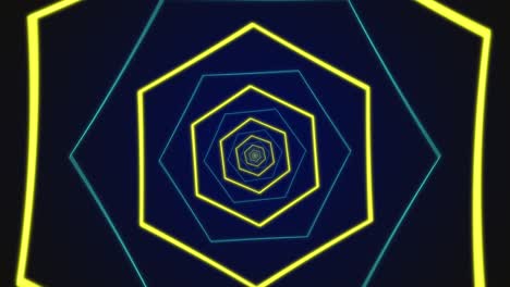 fondo de túnel poligonal de neón digital abstracto en bucle. patrón de animación brillante futurista de 4k que se mueve hacia adelante con colores azul oscuro y amarillo. tecnología y concepto cibernético con espacio de copia