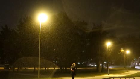 heavy snow storm at night next to a park with some streetlights illuminating the path, and a single person braving the weather