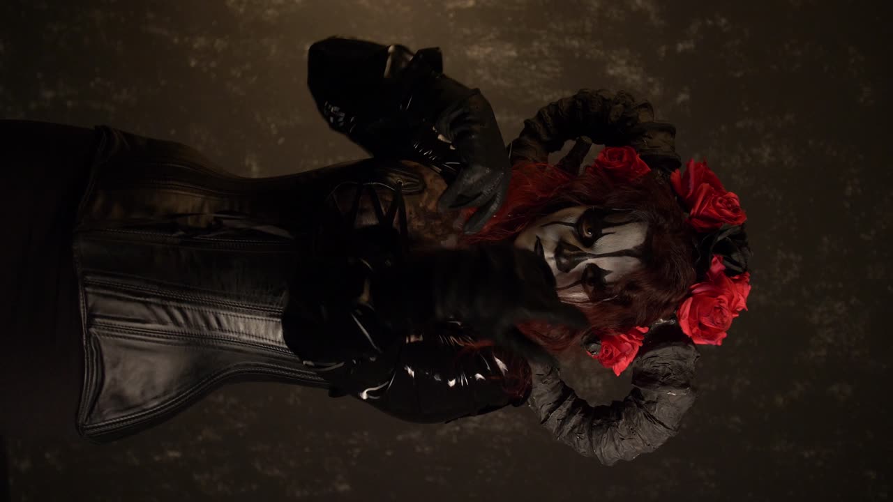 Catrina Cosplay girl moving hands slowly caressing her body with Domina outfit and  walking toward the camera with a Dark background , Medium shot