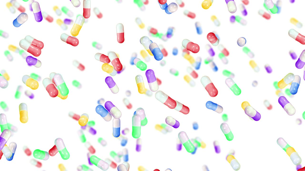Muitas cápsulas médicas voando em fundo branco. Conceito de medicina e farmacêutica. Animação 3D de cápsula de pílula colorida girando. Animação em loop