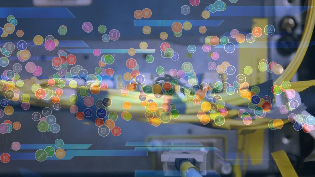 백그라운드에서 컴퓨터 케이블을 통해 디지털 아이콘의 애니메이션