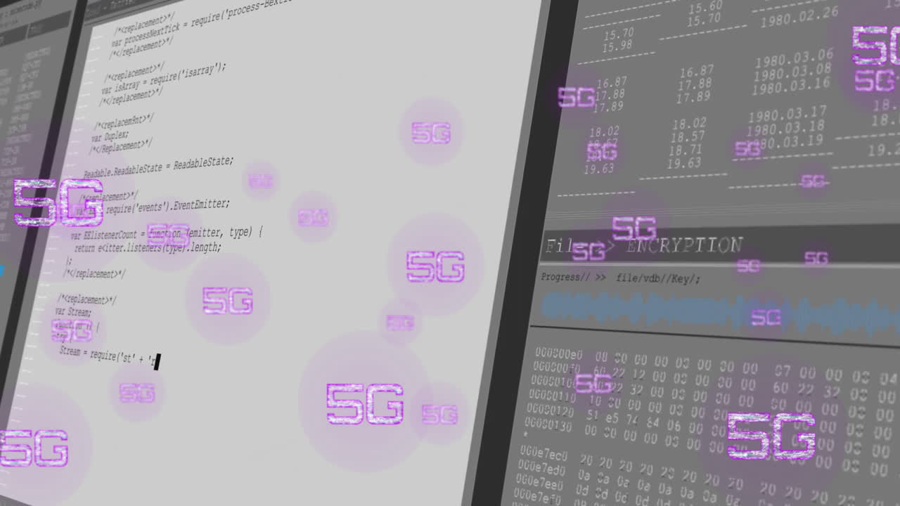 5G text animation over computer code and data processing screens