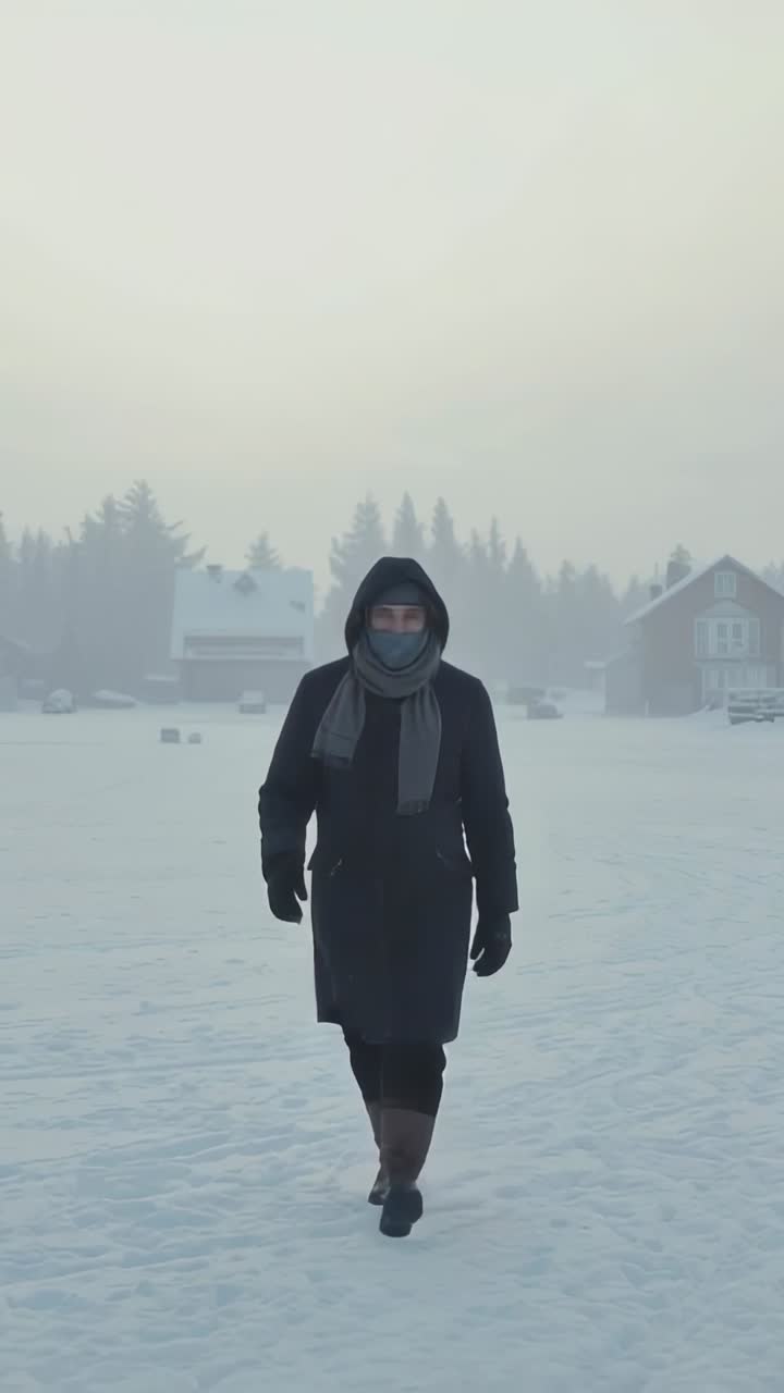 Vertical video: Walking adult with hooded coat and scarf approaching camera from trees across snow