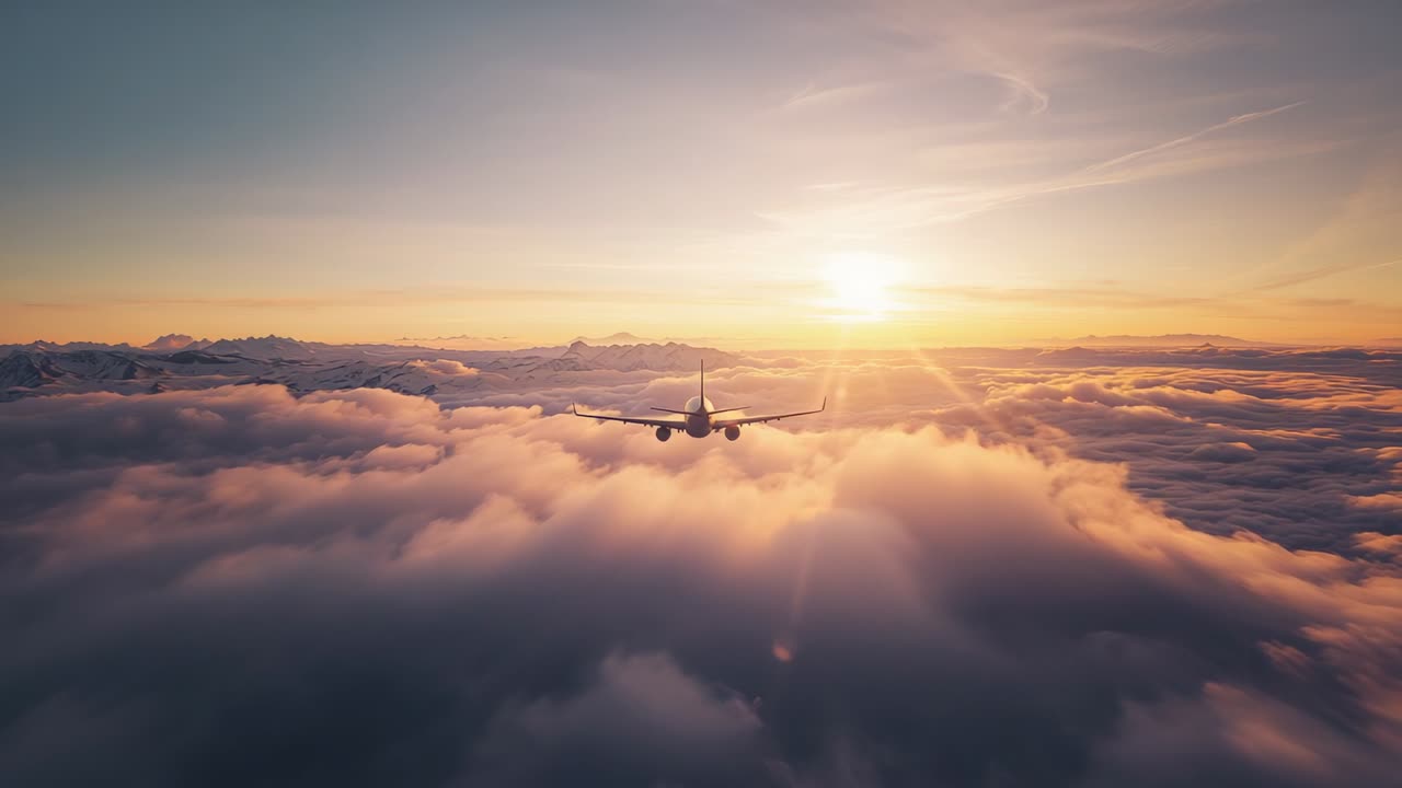 Chasing camera, airliner cruising above clouds toward low sun, distant mountain ridge framing scene