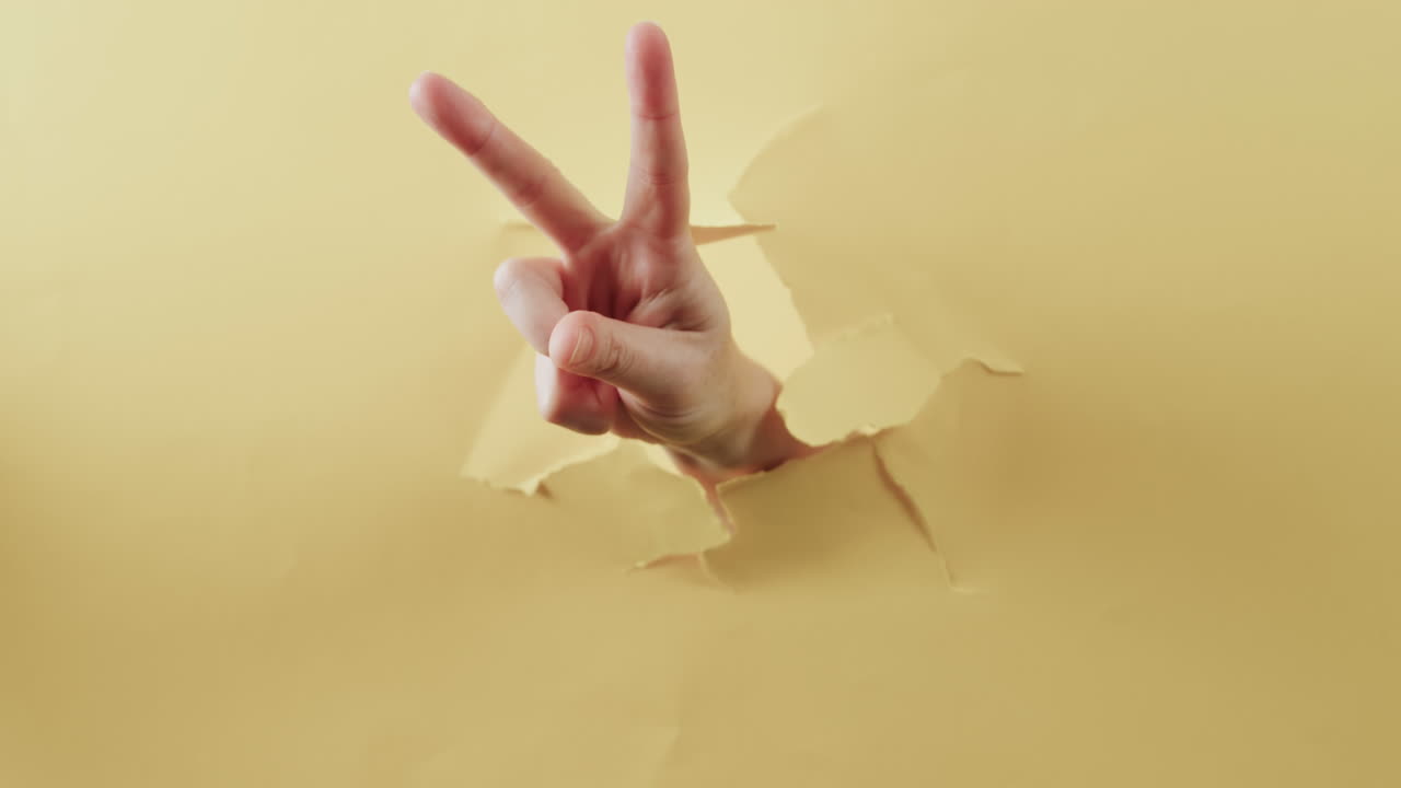 갈라진 노란색 배경에 복사 공간을 가진 평화 표지판을 보여주는 카카우시아 여성의 손