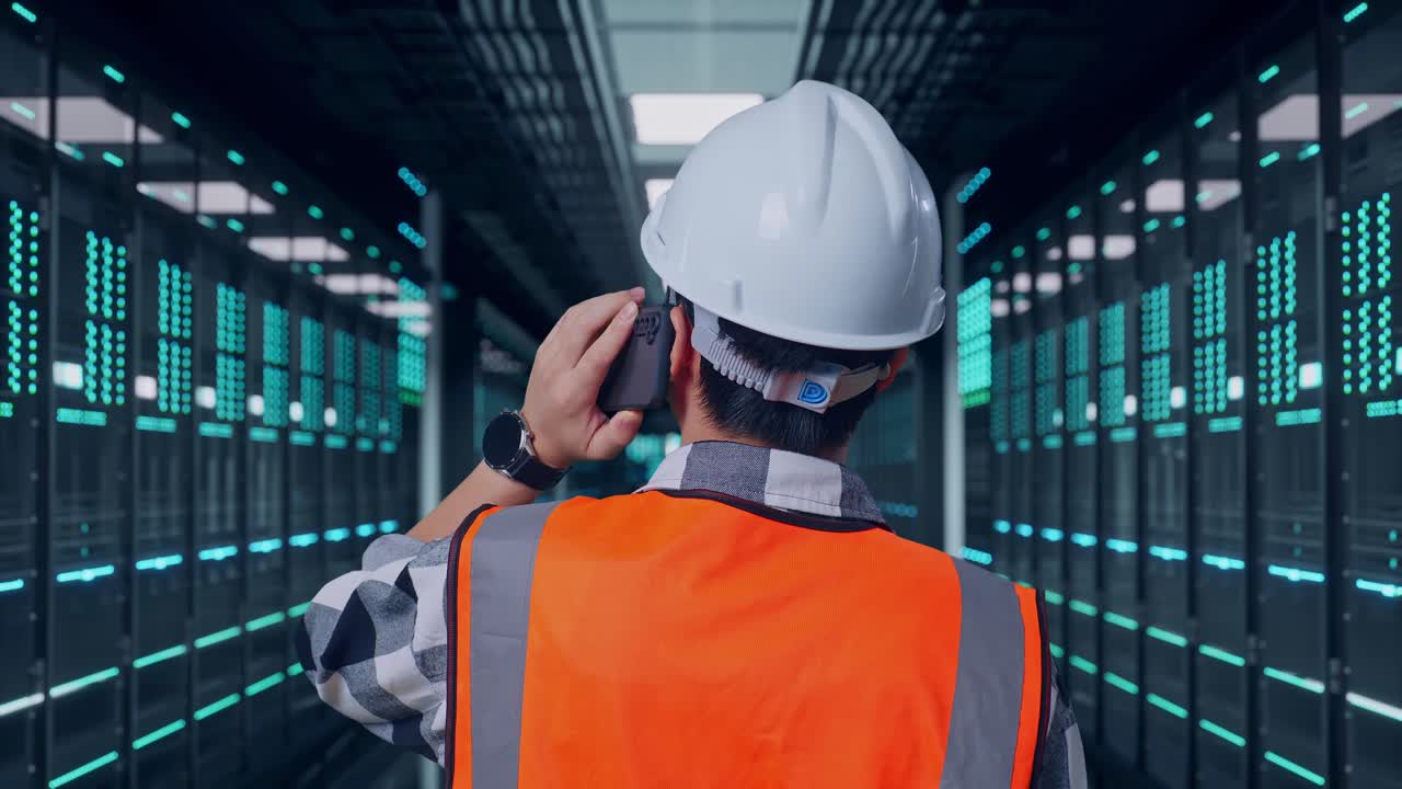 Primo piano, vista da dietro, di un ingegnere maschio asiatico con casco di sicurezza che parla al telefono mentre è in piedi in una sala server di un data center.