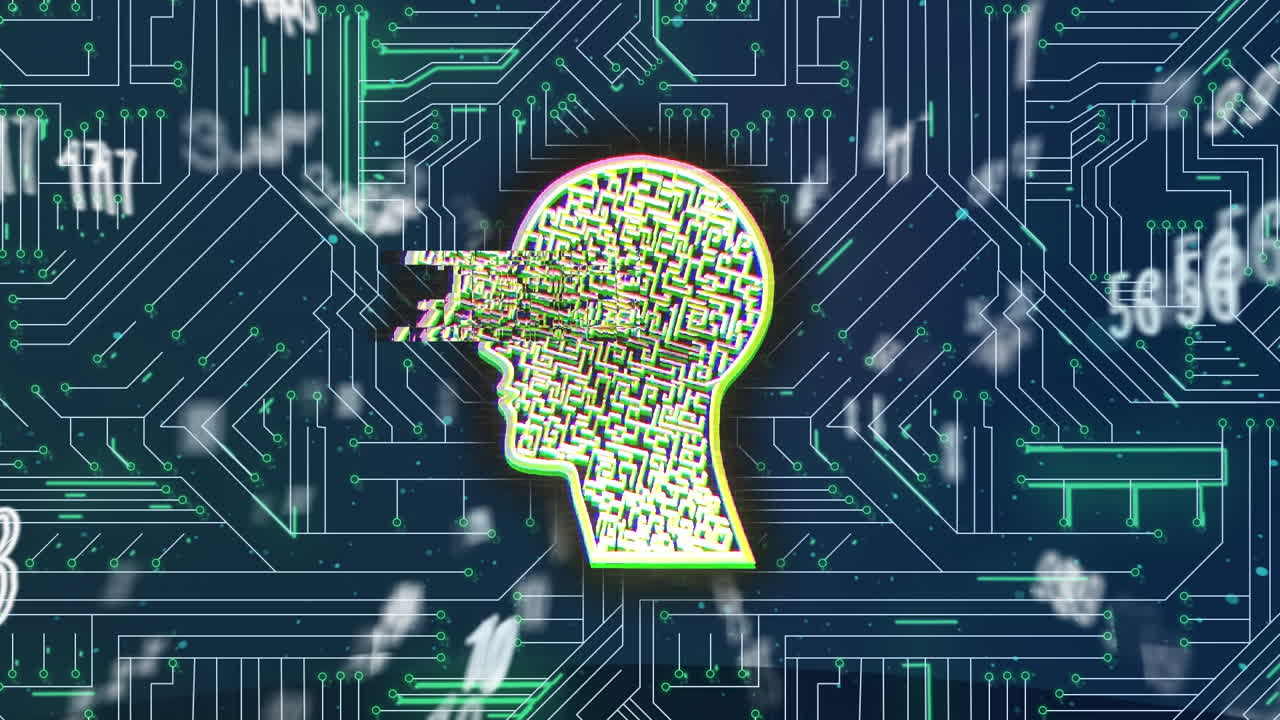 Animation of numbers and head shape over integrated circuit