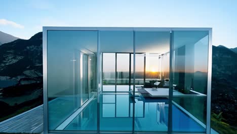 modern glass house with infinity pool and mountain view