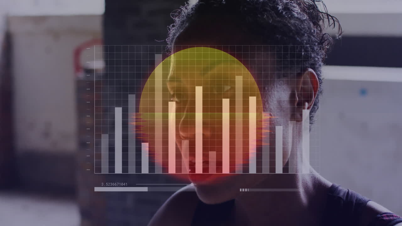 Bar chart and data visualization animation over person in dimly lit room