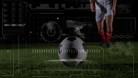 on grassy field, soccer player approaching ball with digital animation overlay